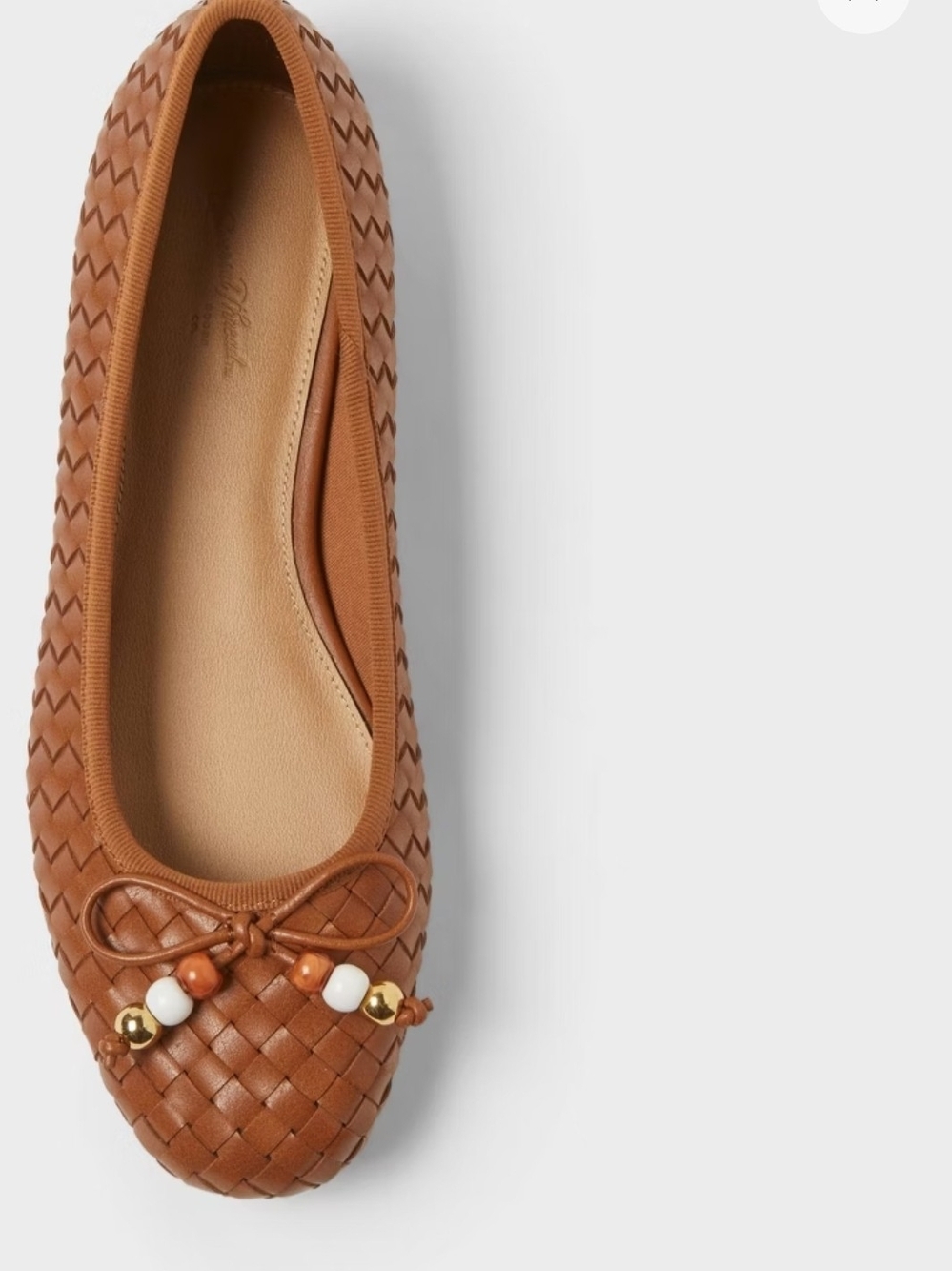 Woven Ballet Flat with Bead Trim in Cognac Brown